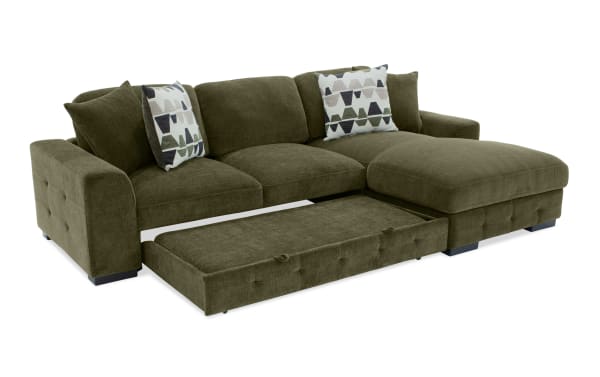 Playground Forest 116'' 2 Piece Right Arm Facing Pop-Up Sleeper Chaise Sectional in green polyester fabric, transitional style with tufted detailing, memory foam cushions, storage chaise, and oversized accent pillows.