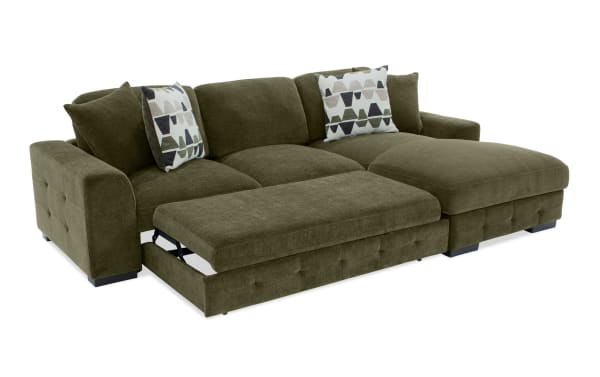 Playground Forest 116" 2-piece right arm facing sleeper chaise sectional in green polyester fabric with tufted detailing, memory foam cushions, and storage ottoman.