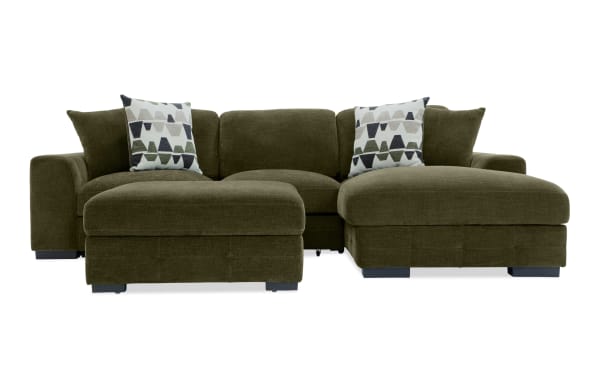 Playground Forest green 2-piece right-arm chaise sectional with polyester fabric, pop-up sleeper loveseat, storage ottoman, and memory foam cushions.