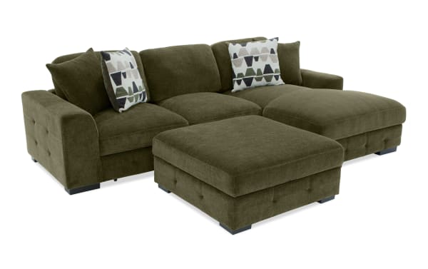 Playground Forest 116" 2-piece right arm facing green sectional with pop-up sleeper loveseat, storage ottoman, polyester fabric, and tufted cushions.
