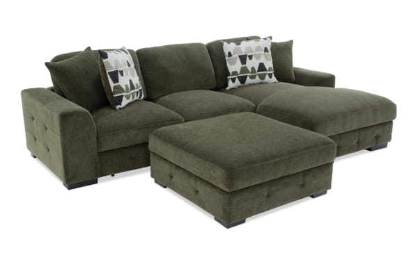 Playground Forest 116" green fabric polyester transitional sectional with right arm chaise, pop-up sleeper loveseat, storage ottoman, tufted details, and oversized accent pillows.