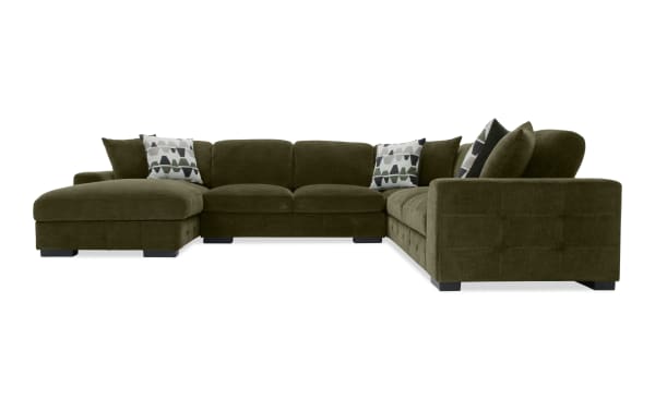 Playground Forest 145" green fabric polyester 4-piece left arm facing sectional with pop-up sleeper chaise, tufted detailing, and storage ottoman.