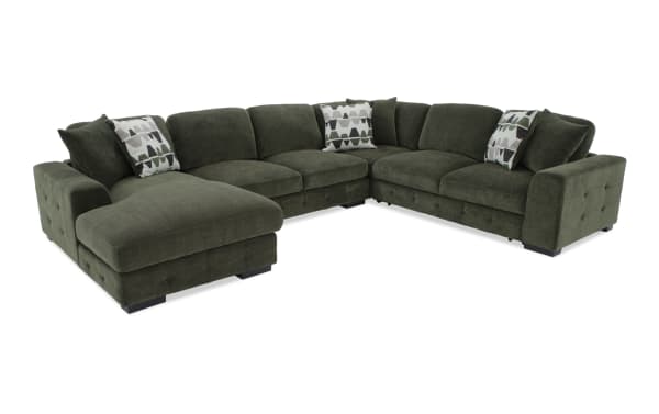 Playground Forest 145'' 4 Piece Left Arm Facing Pop-Up Sleeper Chaise Sectional in green polyester fabric, transitional style with tufted details, memory foam cushions, storage chaise, and six patterned accent pillows.