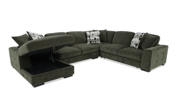 Playground Forest 145'' green fabric polyester sectional with left arm pop-up sleeper chaise, storage ottoman, tufted detailing, and oversized pillows.