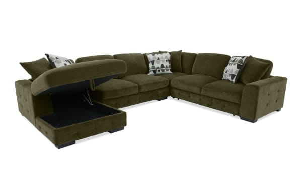 Playground Forest 145'' 4 Piece Left Arm Facing Pop-Up Sleeper Chaise Sectional in green polyester fabric with tufted details, memory foam cushions, and pop-up sleeper function.