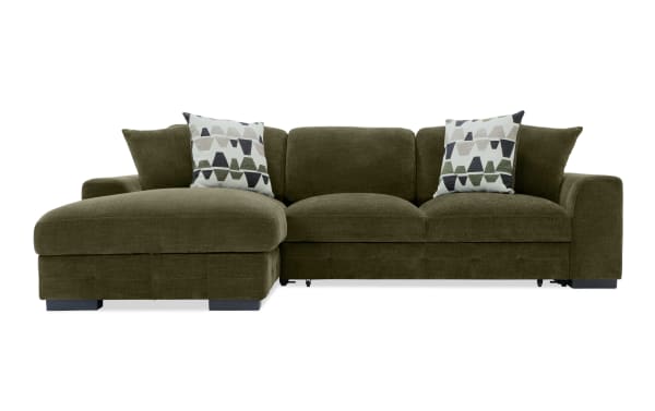 Playground Forest 116'' 2 Piece Left Arm Facing Pop-Up Sleeper Chaise Sectional in green polyester fabric, transitional style with tufted detailing and accent pillows.