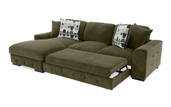 Playground Forest 116'' 2 Piece Left Arm Facing Pop-Up Sleeper Chaise Sectional in green polyester fabric with memory foam cushions, tufted detailing, and storage ottoman.