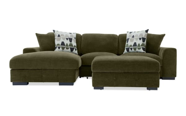 Playground Forest 116'' green 2-piece left arm facing sectional with pop-up sleeper loveseat, storage chaise, polyester fabric, transitional style, tufted cushions, and oversized accent pillows.