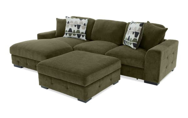 Green Playground Forest 116'' transitional 2-piece left arm facing pop-up sleeper chaise sectional with polyester fabric, tufted cushions, storage ottoman, and accent pillows.