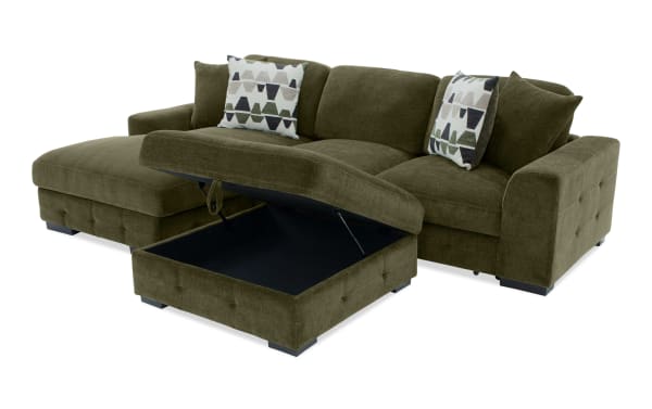 Green Playground Forest 116'' 2-piece left arm facing transitional sectional with pop-up sleeper chaise, storage ottoman, polyester fabric, tufted details, and memory foam cushions.