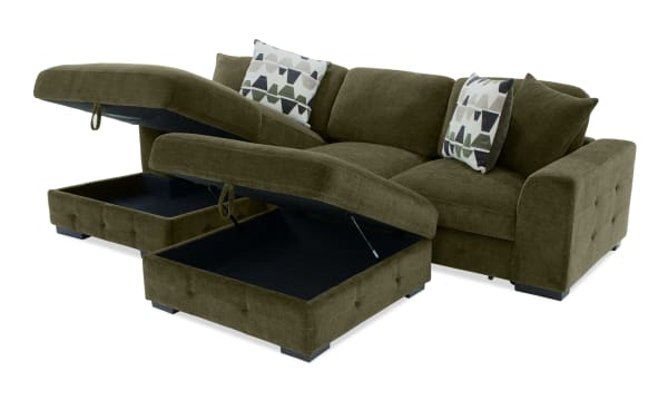 Playground Forest 116'' green fabric polyester 2-piece left arm chaise sectional with pop-up sleeper, storage ottoman, memory foam cushions, and tufted detailing.