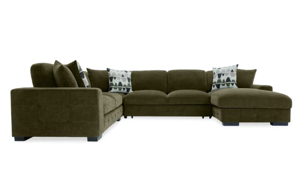 Playground Forest 145'' 4-piece right arm facing chaise sectional in green polyester fabric with tufted detailing, memory foam cushions, and pop-up sleeper.