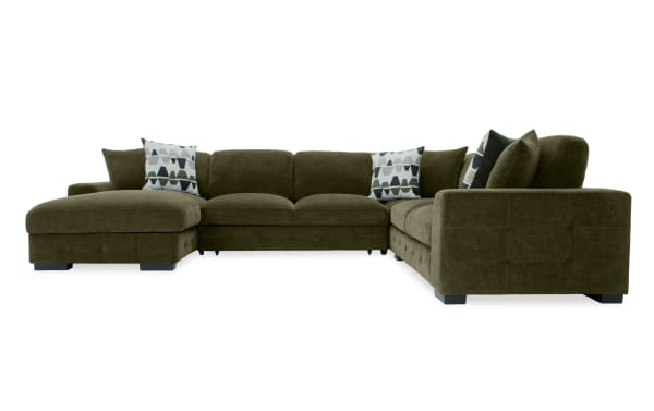 Playground Forest 145" green fabric sectional with left arm chaise, armless pop-up sleeper, memory foam cushions, tufted polyester upholstery, and oversized pillows.