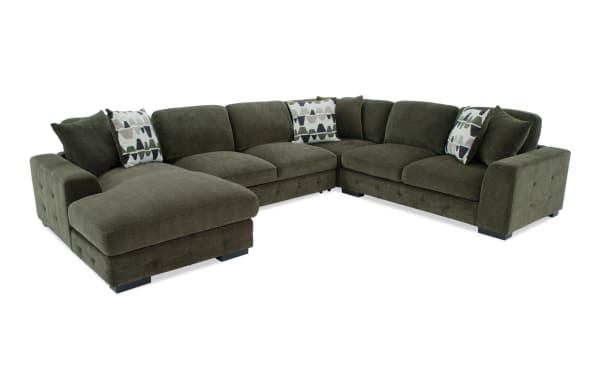 Playground Forest 145'' green 4-piece left arm chaise sectional with armless pop-up sleeper, polyester fabric, tufted detailing, and oversized pillows.