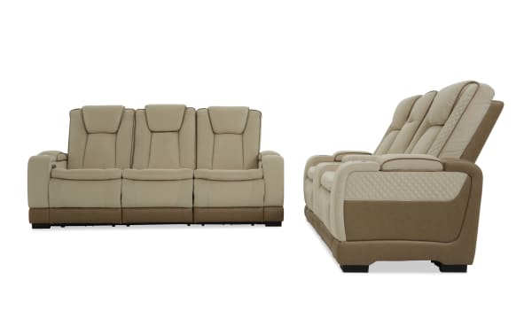 Beige and brown three-seater recliner sofa with quilted fabric upholstery, padded armrests, and cushioned back support, shown from front and side views.