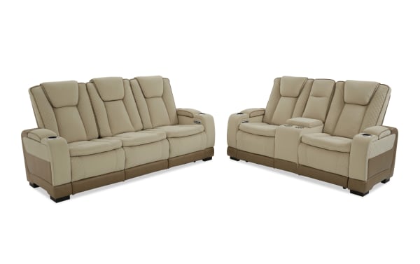 Beige and brown leather reclining sectional sofa set with cup holders and quilted stitching, designed for living room comfort and style.