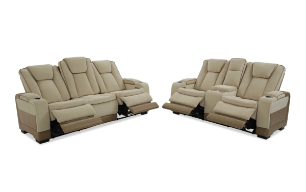 Beige leather reclining sectional sofa set with quilted stitching, cup holders, and padded armrests, designed for home theater comfort.