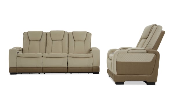 Beige and brown leather reclining sofa with quilted stitching, three seats, padded armrests, and high back cushions, modern living room furniture.
