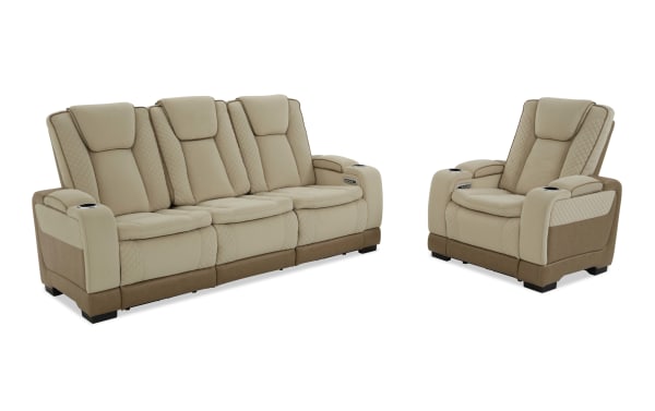 Beige and brown leather reclining sofa set with quilted stitching, featuring a three-seater couch and a single armchair with cup holders and padded armrests.