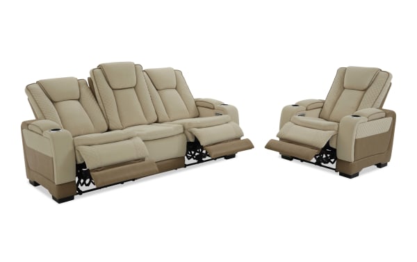 Beige and brown leather reclining sofa set with quilted detailing, cup holders, and padded armrests, designed for home theater comfort.