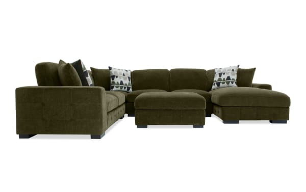 Playground Forest 145" green fabric polyester sectional with right arm chaise, storage ottoman, memory foam cushions, and tufted detailing.