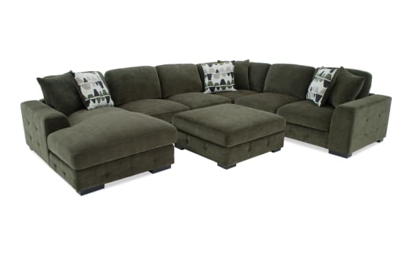 Playground Forest 145" 4-piece left arm chaise sectional in green polyester fabric with hand-tufted detailing, storage ottoman, memory foam cushions, and oversized accent pillows. Transitional style from the Playground collection, featuring plush woven upholstery and a pop-up sleeper loveseat for versatile seating and storage.