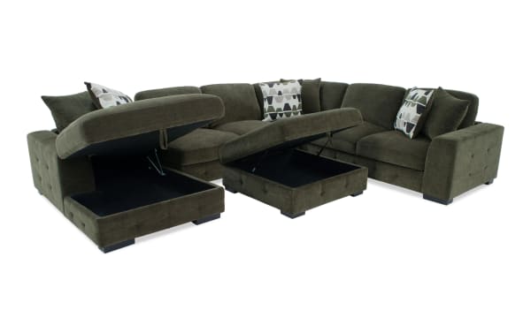 Playground Forest 145'' green fabric polyester sectional with left-arm chaise, storage ottoman, memory foam cushions, tufted details, and patterned pillows.