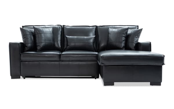 Modern black leather sectional sofa with chaise lounge, featuring plush cushions and a sleek, contemporary design ideal for living room seating.