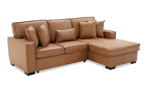 Modern brown leather sectional sofa with chaise lounge, featuring plush cushions and a sleek, contemporary design ideal for living room seating.