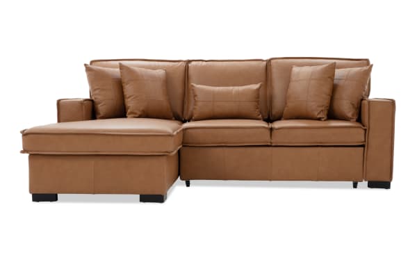 Modern L-shaped sectional sofa in brown leather with tufted cushions and five matching pillows, featuring a chaise lounge on the left side.