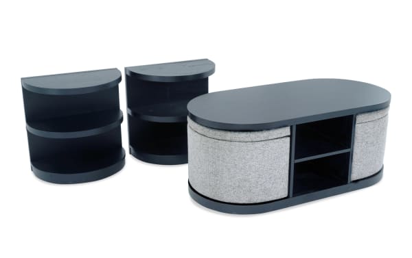Hampton Black & Gray Oval Storage Coffee Table with two black curved end tables, contemporary MDF and gray polyester fabric, Hampton Entertainment & Occasional collection.
