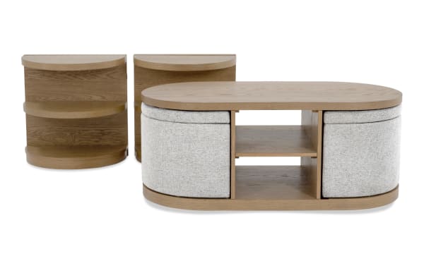 Hampton Natural & Beige Oval Storage Coffee Table with 2 Nesting End Tables, contemporary beige MDF and polyester fabric, Hampton Entertainment & Occasional collection, featuring spacious shelving and hidden storage compartments.