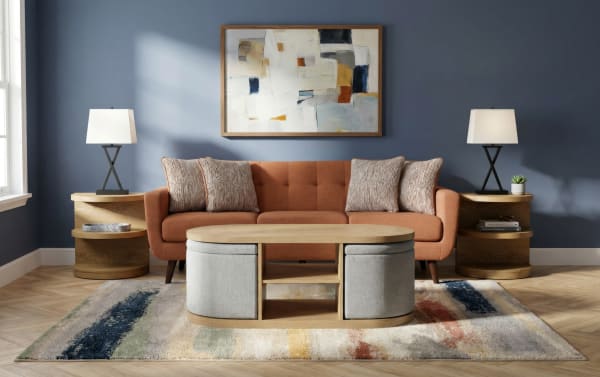 Contemporary Hampton Natural & Beige Oval Storage Coffee Table Set with 2 beige polyester fabric end tables, MDF frame, hidden storage, and open shelves.