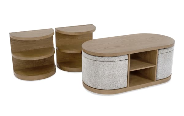 Hampton Natural & Beige Oval Storage Coffee Table with two beige fabric-covered nesting end tables, contemporary MDF and polyester set.
