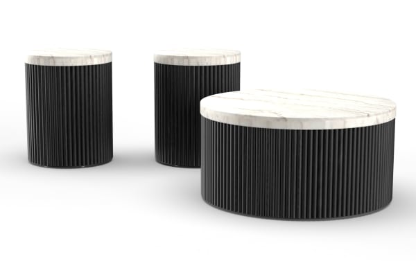 Set of three modern round side tables with black ribbed cylindrical bases and white marble tops, suitable for living room decor.