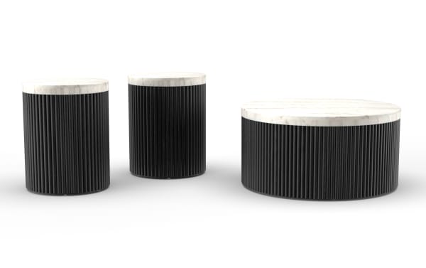 Set of three modern round side and coffee tables featuring black ribbed cylindrical bases and white marble tops, suitable for contemporary living spaces.