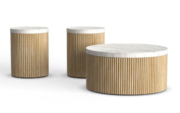 Set of three modern round side tables with vertical ribbed wood bases and white marble tops, featuring two tall and one short table.