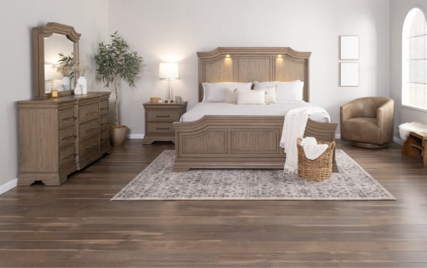 Traditional Avalon Bedroom set featuring a light brown rubberwood 9-drawer dresser with mirror, dovetail drawers, felt and cedar linings, and hidden jewelry storage.
