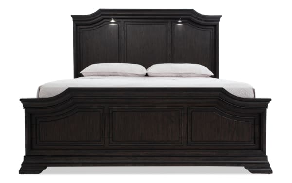 Avalon Queen Espresso Storage Panel Bed in traditional style, made of dark rubberwood solids and veneers, with touch-activated LED lighting.