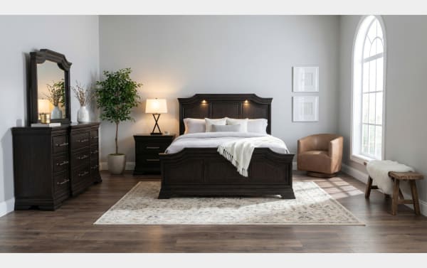 Avalon Queen Espresso Storage Panel Bed in traditional style with dark rubberwood solids and veneers, featuring touch-activated LED lighting, part of Avalon Bedroom collection.