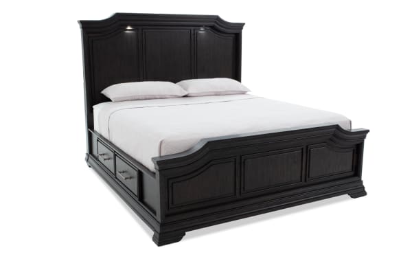 Avalon Queen Espresso Storage Panel Bed in traditional style, made of dark rubberwood solids and veneers, with built-in touch-activated LED lighting and side storage drawers.