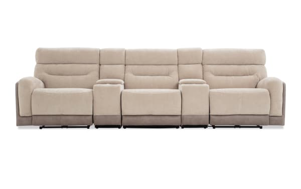 Phantom Beige 132'' power reclining 5-piece sectional with armless chair, plush beige polyester fabric, transitional style, USB and USB-C ports, memory foam cushions.