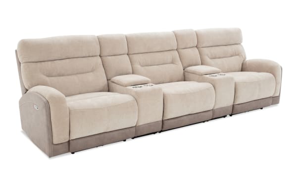 Phantom Beige 132'' power reclining 5-piece sectional with armless chair, plush polyester fabric, transitional style, built-in USB and USB-C ports, memory foam cushions.