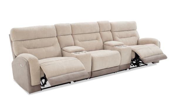 Phantom Beige 132'' power reclining 5-piece sectional in plush beige polyester fabric with armless chair, USB/USB-C ports, and memory foam cushions.