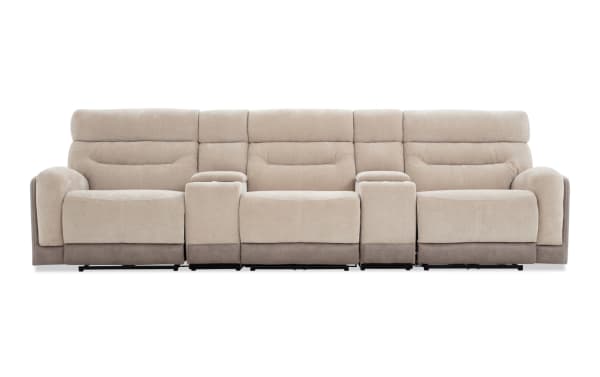 Phantom Beige 132'' power reclining 5-piece sectional with armless recliner, plush polyester fabric upholstery, USB and USB-C ports, transitional style.