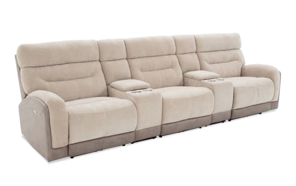 Beige Phantom 132'' power reclining 5-piece sectional with armless recliner, plush polyester fabric, transitional style, USB and USB-C ports, and memory foam cushions.