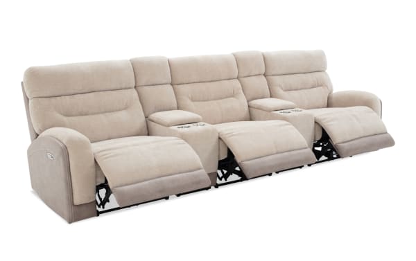 Phantom Beige 132'' power reclining 5-piece sectional with armless recliner, plush polyester fabric upholstery, USB and USB-C ports, and memory foam cushions in transitional style.