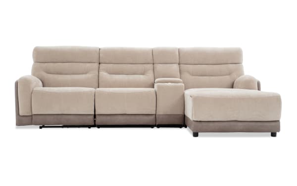 Phantom Beige 118'' transitional 4-piece sectional with right-arm chaise, plush polyester fabric, power recline, USB/USB-C ports, and memory foam cushions.