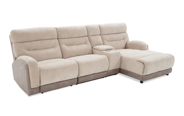 Phantom Beige 118'' transitional fabric sectional with power reclining armless chair, right-arm chaise, plush polyester upholstery, USB and USB-C ports.