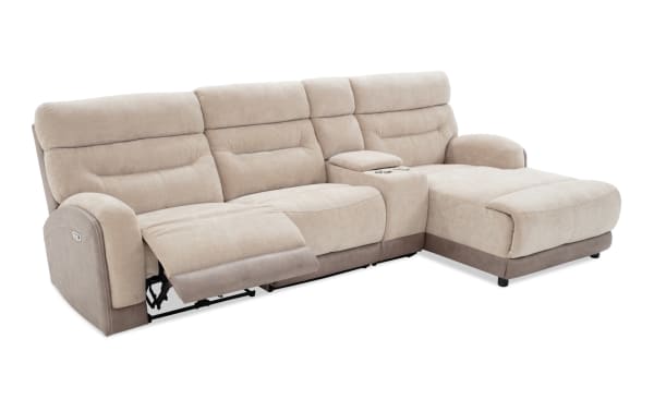 Phantom Beige 118'' power reclining 4-piece sectional with right arm chaise, armless chair, plush polyester fabric, USB/USB-C ports, and memory foam cushioning.